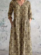 Women's Elegant Simple Floral V-Neck Cotton and Linen Dress with Pockets