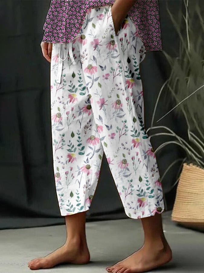 Women's Botanical Floral Design Print Lace-Up With Elastic Waist Loose Casual Pants