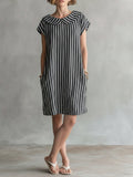 Women's Striped Print Peter Pan Collar Short-sleeve Casual Loose Cotton-linen Dress