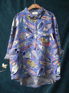 Coral Reef Fish Pattern Printed Women's Casual Cotton And Linen Shirt