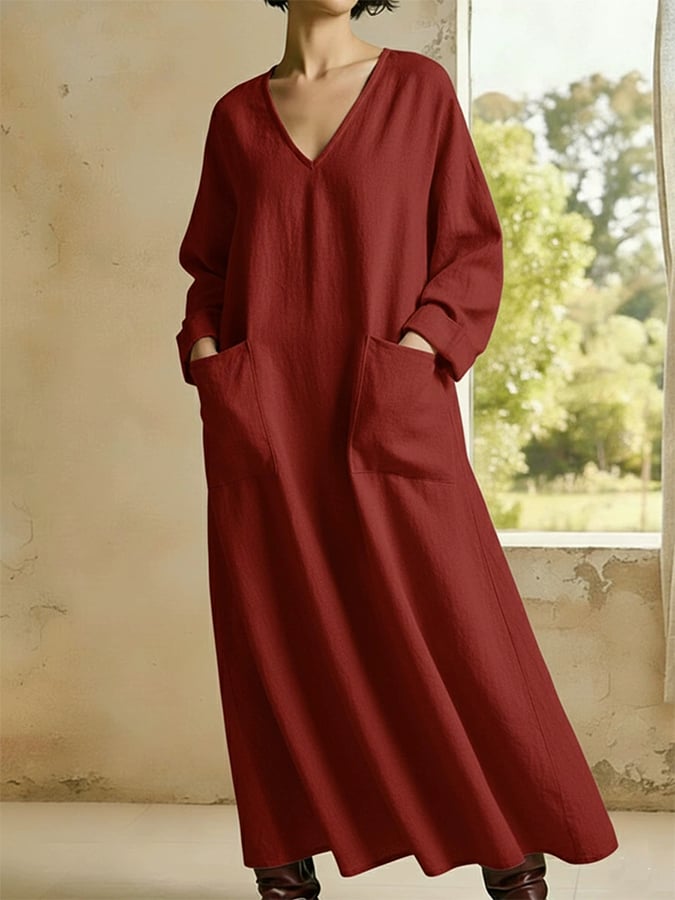 Women'S Casual V-Neck Loose-Fitting Long-Sleeved Dress With Pockets