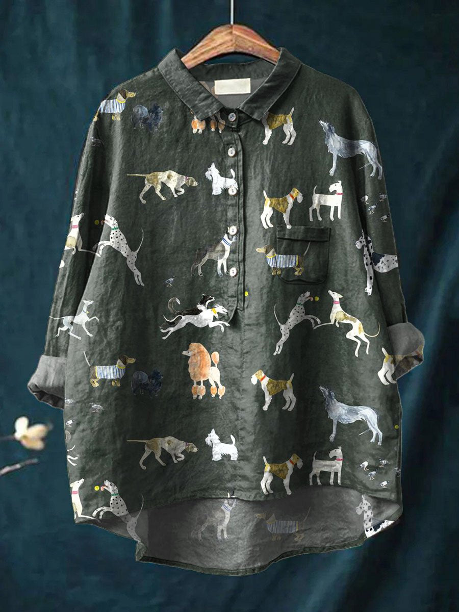 Vintage Lovely Dogs Art Print Casual Cotton And Linen Shirt