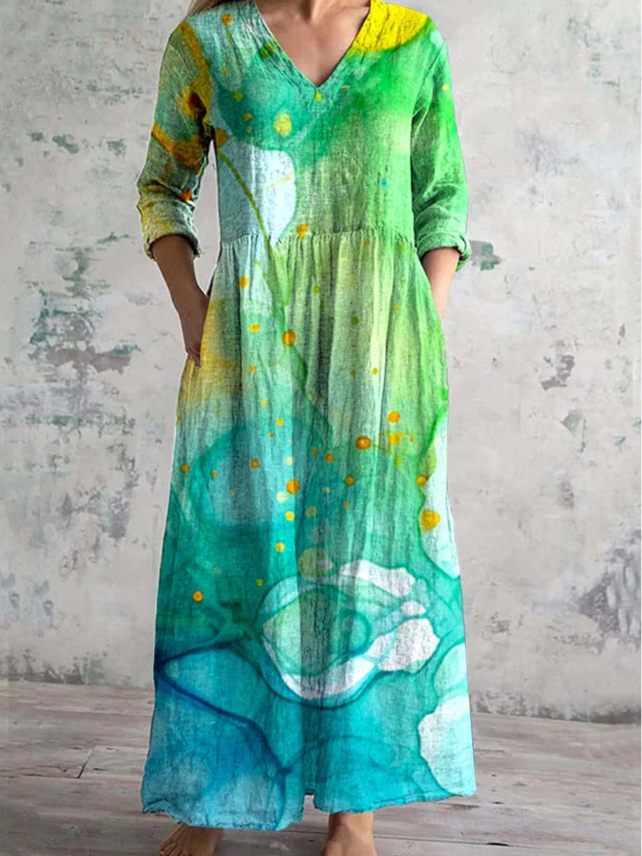 Women's V-Neck Splash Art Cotton And Linen Dress With Pockets