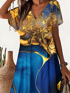 Women's Floral Alcohol Ink Art Print Pocket V Neck Long Dress Maxi Dress