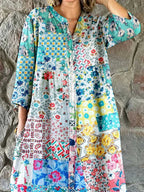 Women's Elegant Floral Print Cotton and Linen Shirt Dress