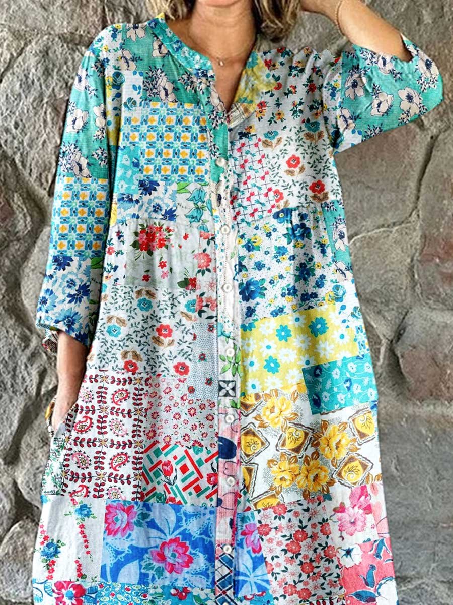 Women's Elegant Floral Print Cotton and Linen Shirt Dress