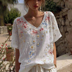 Women's Floral Embroidery Casual Cotton Linen T-shirt