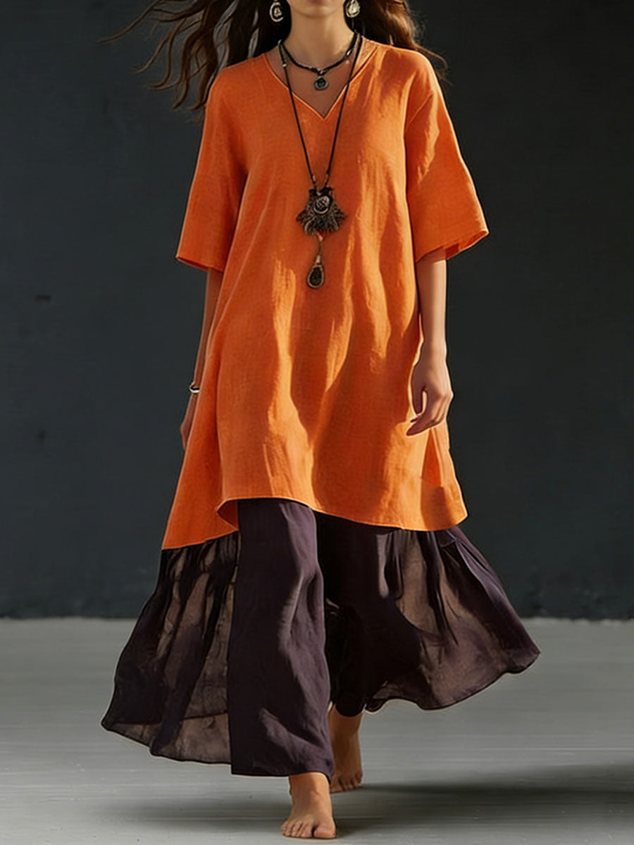 Women's Casual V-neck Three-quarter Sleeve Color-blocked Dress
