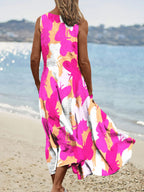 Women's Vintage Pink Butterfly Pattern Round Neck Dress