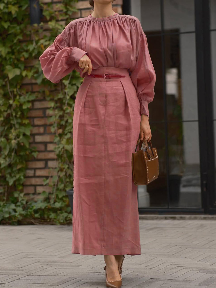 Pleated High Collar Shirt and Skirt Linen Two-piece Suit