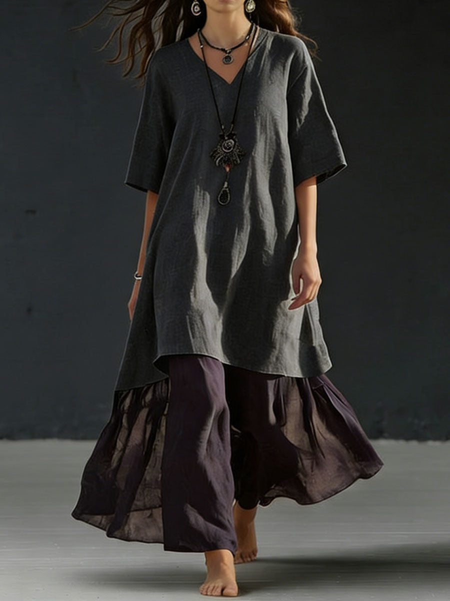 Women's Casual V-neck Three-quarter Sleeve Color-blocked Dress
