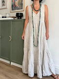 Women's casual sleeveless V-neck pleated solid color cotton and linen dress