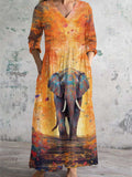 Women's V Neck Elephant Abstract Art Cotton and Linen Pocket Dress