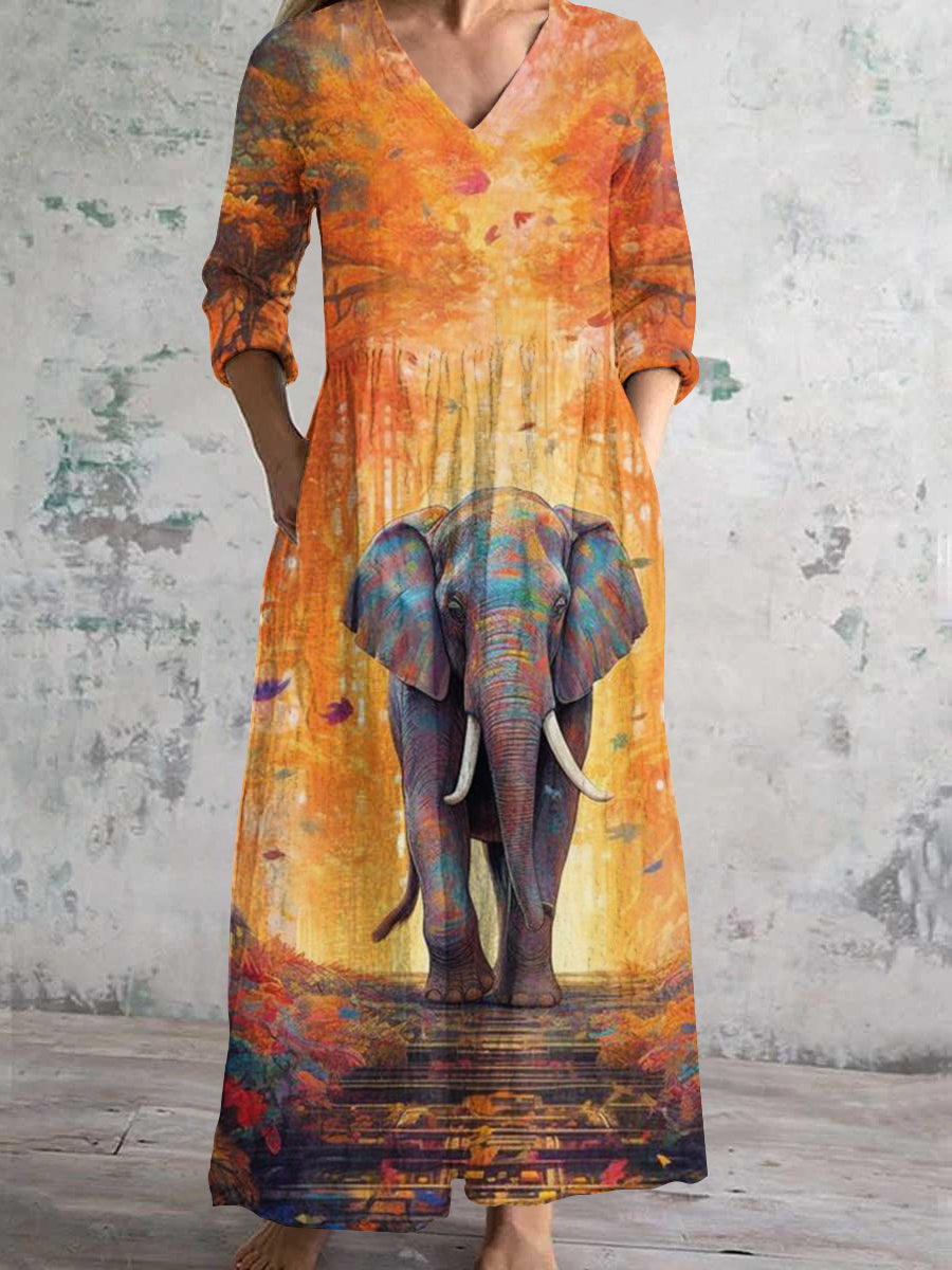 Women's V Neck Elephant Abstract Art Cotton and Linen Pocket Dress