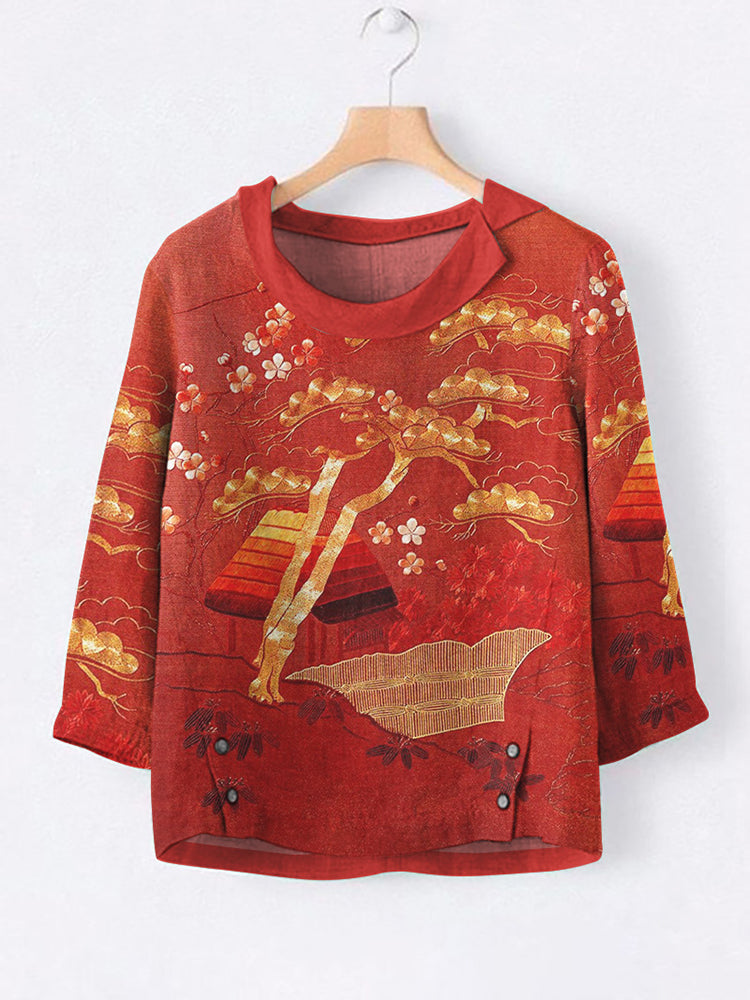 Vintage Japanese Art Print Casual Blouse