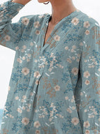 Vintage Petite White Floral Pattern Printed Women's Casual Linen V-neck Shirt