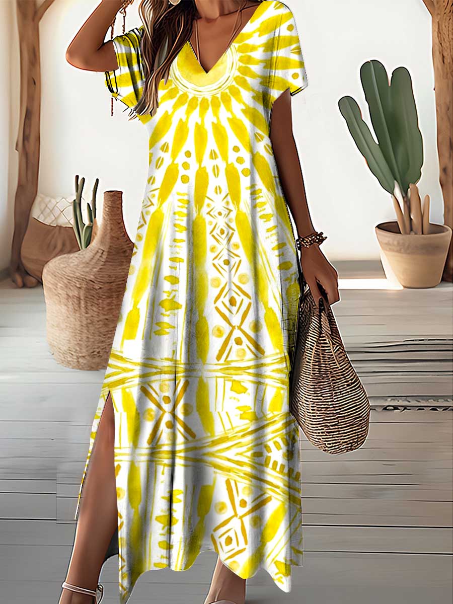 Women's V-Neck Knitted Floral Pattern Dress