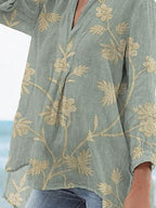 Women's Vintage Floral Art Print Casual Linen V-neck Shirt