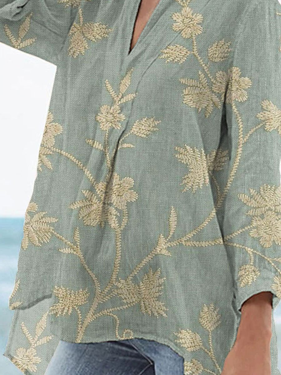 Women's Vintage Floral Art Print Casual Linen V-neck Shirt