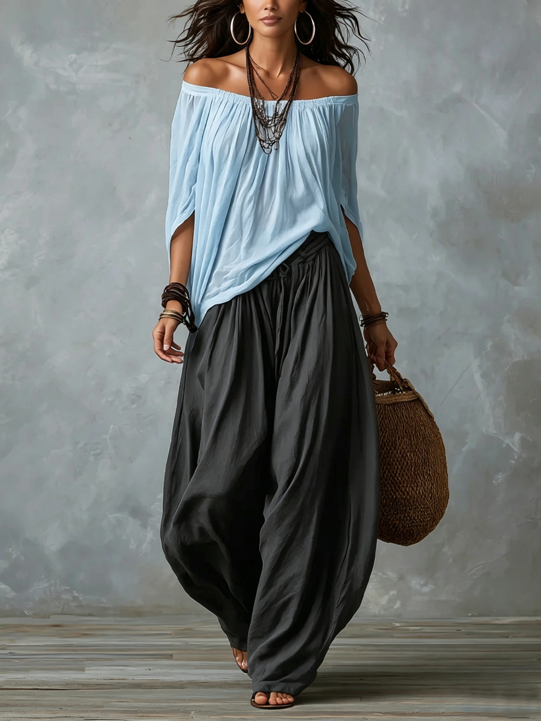 Light Blue Off-shoulder Top And Dark Gray Loose-fitting Lantern Pants Suit