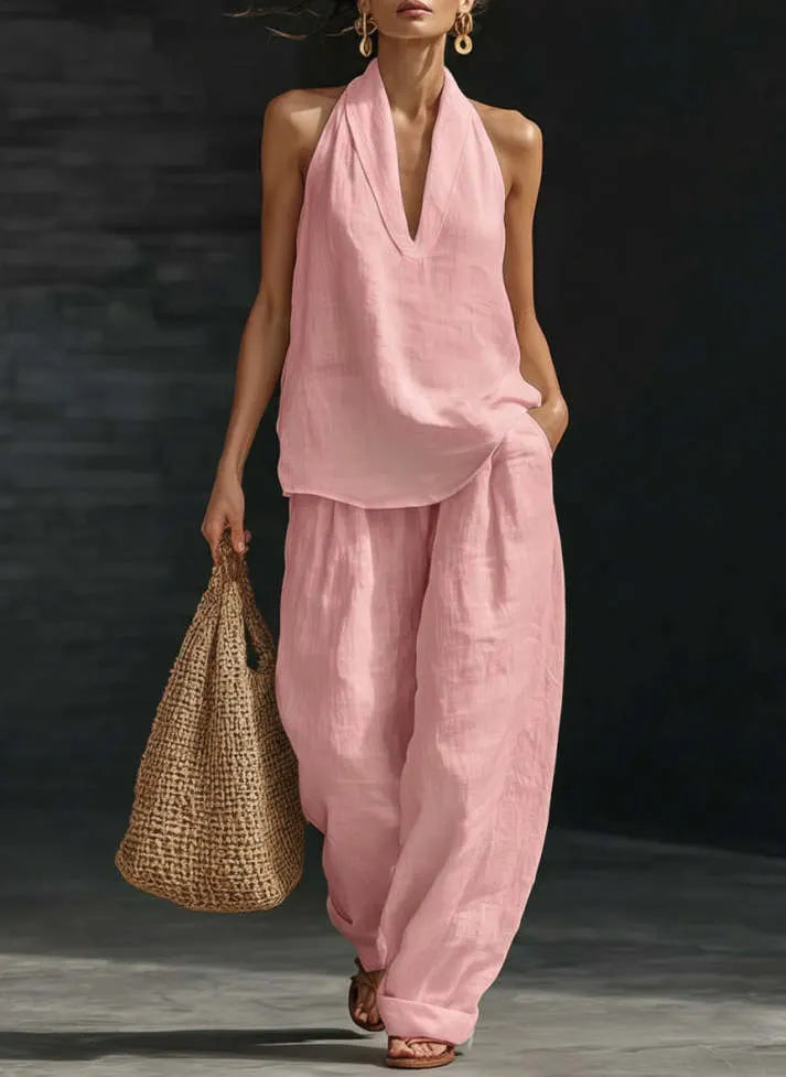 White Faux Linen V-neck Sleeveless Top And Wide-leg Pants Set