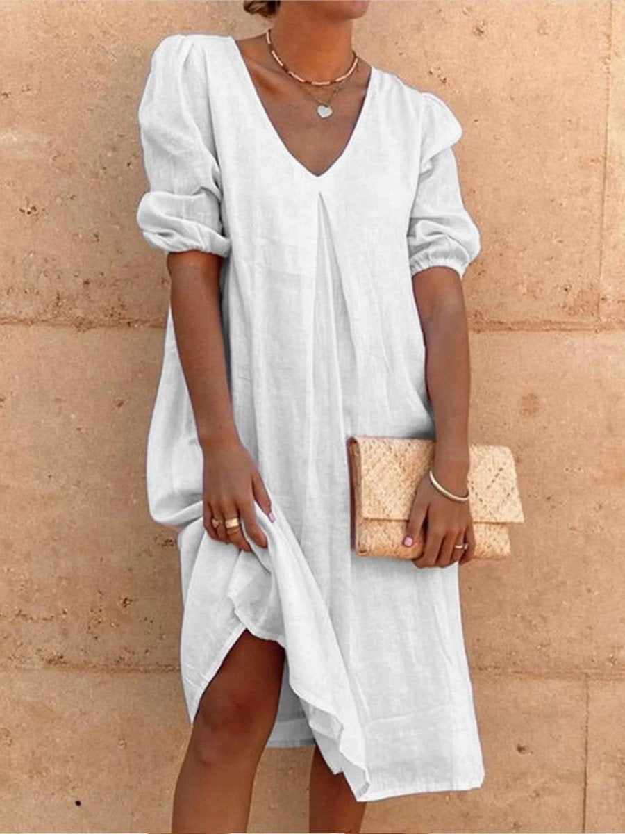 Cotton And Linen Solid Color Long Sleeve Casual Midi Dress