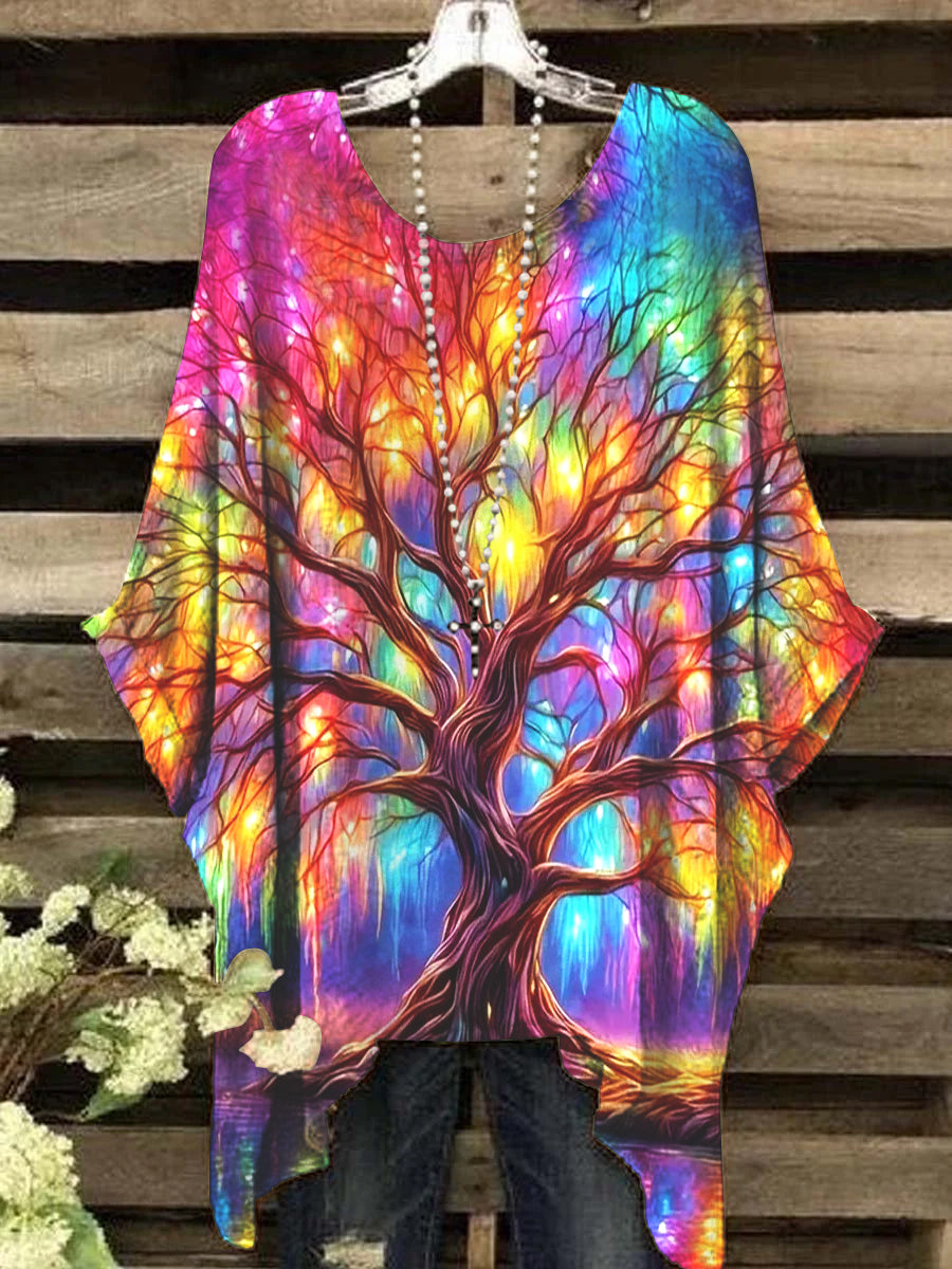 Women's Vintage Colorful Glow Tree Pattern Round Neck Top