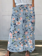 Spring Cherry Blossom Pattern Printed Women's Linen Pocket Skirt