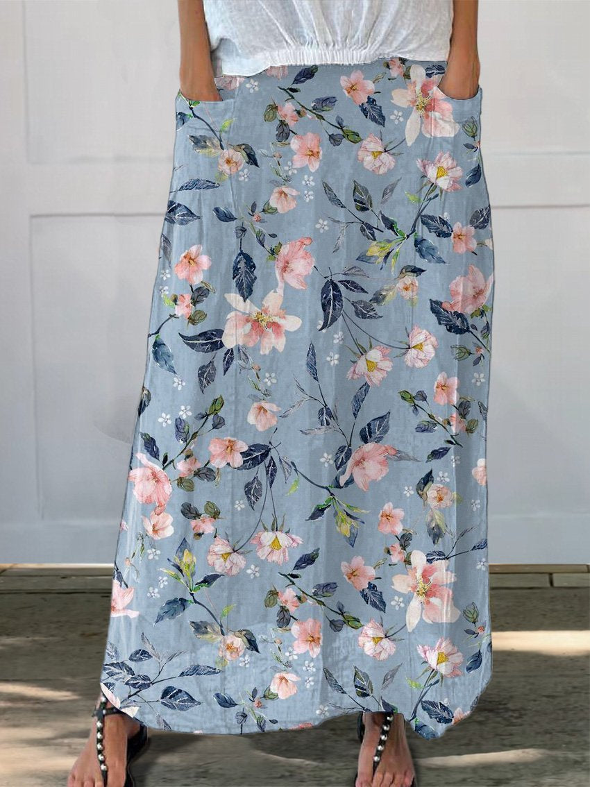 Spring Cherry Blossom Pattern Printed Women's Linen Pocket Skirt