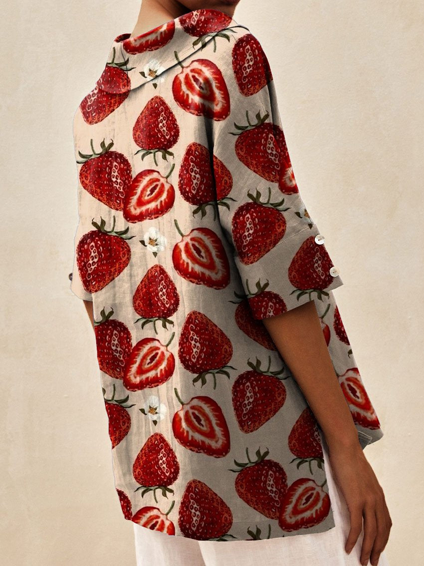 Women's Vintage Lovely Strawberry Art Print Casual Linen V-neck Shirt