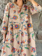 Women's Elegant Vintage Floral Pattern Shirt Style Cotton and Linen Dress