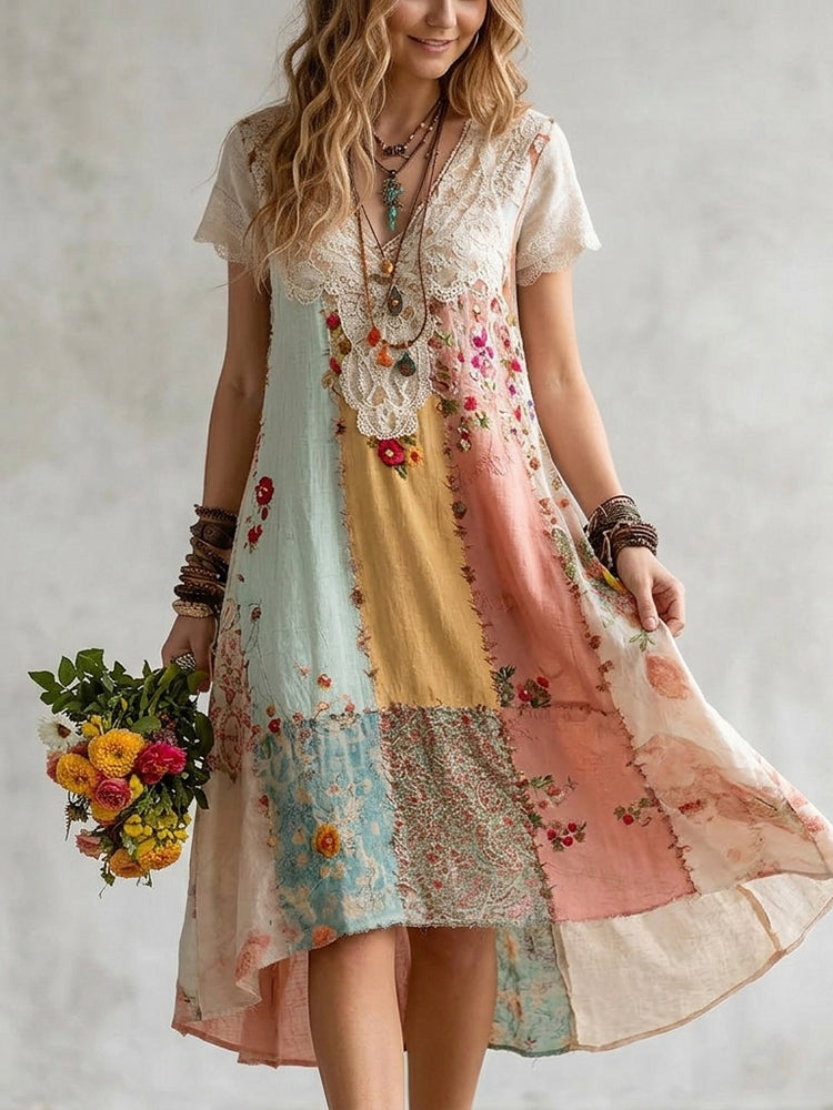 Women's Bohemian Floral Patchwork Casual V-neck Dress