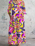 Women's V-Neck Floral Abstract Art Print Cotton and Linen Pocket Dress