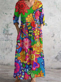 Women's V-Neck Floral Art Print Cotton And Linen Pocket Dress