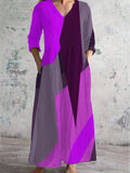 Women's V-Neck Abstract Geometric Art Cotton And Linen Pocket Dress