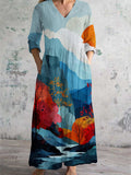Women's V Neck Abstract Landscape Art Print Cotton and Linen Pocket Dress