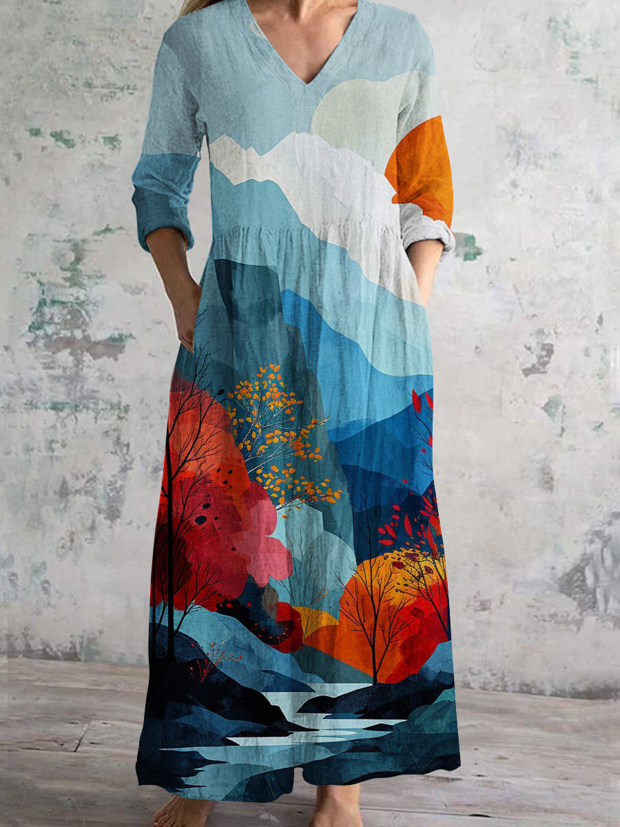 Women's V Neck Abstract Landscape Art Print Cotton and Linen Pocket Dress