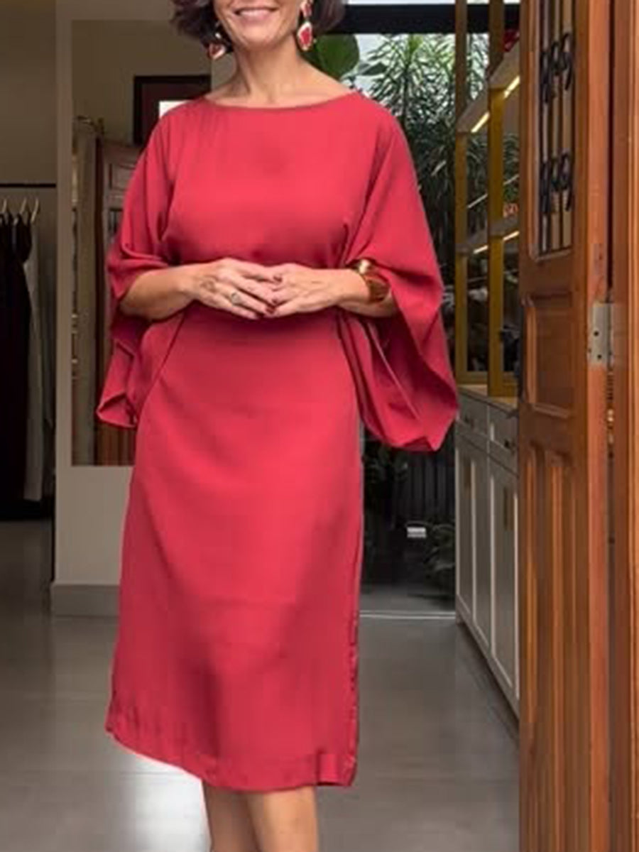 Elegant Boat-neck Batwing-sleeve Midi Dress