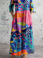 Women's V-neck Underwater World Pattern  Cotton and Linen Dress With Pockets