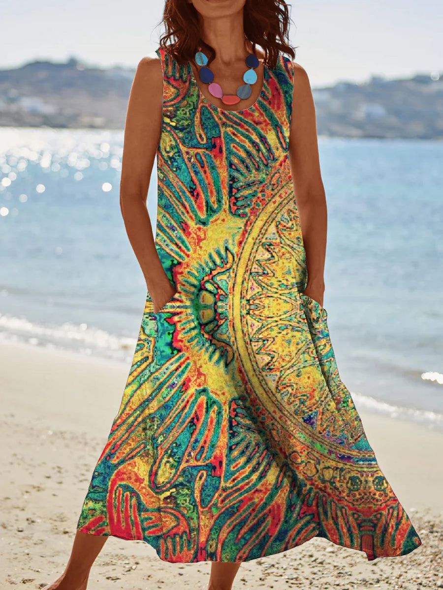 Women's Vintage Ethnic Line Pattern Round Neck Dress