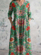 Women's V-neck  Abstract Art Floral Pattern Collar Cotton Dress With Pockets