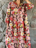 Women's Elegant Floral Print Cotton and Linen Shirt Dress