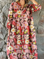 Women's Elegant Floral Print Cotton and Linen Shirt Dress