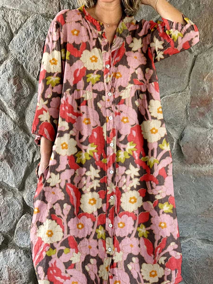 Women's Elegant Floral Print Cotton and Linen Shirt Dress