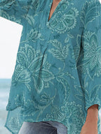 Women's Vintage Floral Art Print Casual Linen V-neck Shirt