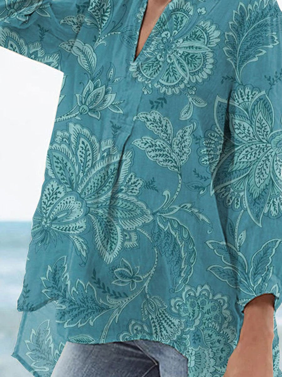 Women's Vintage Floral Art Print Casual Linen V-neck Shirt