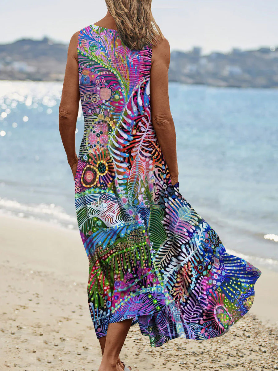 Women's Vintage Colorful Irregular Pattern Round Neck Dresses