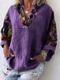 Women's Cotton And Linen Purple Floral V-Neck Top
