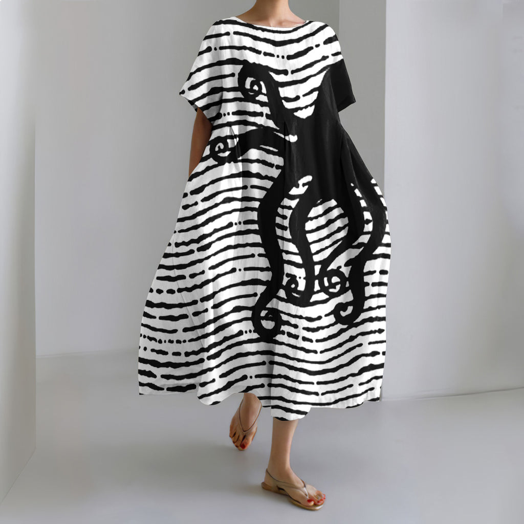 Japanese Stripe Octopus Art Linen Blend Casual Dress