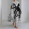 Japanese Stripe Octopus Art Linen Blend Casual Dress